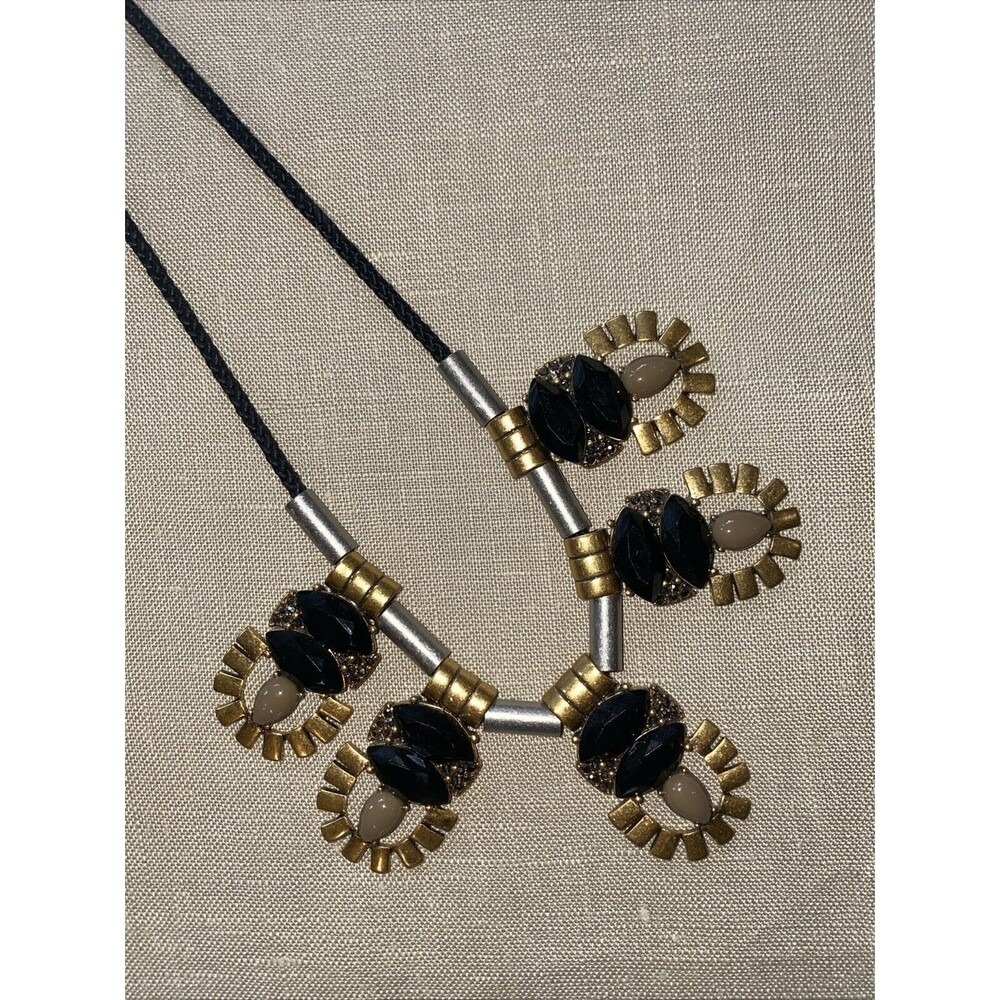 Vintage Signed J CREW Goldtone Silver  Black‎ Rhinestones 18" Necklace